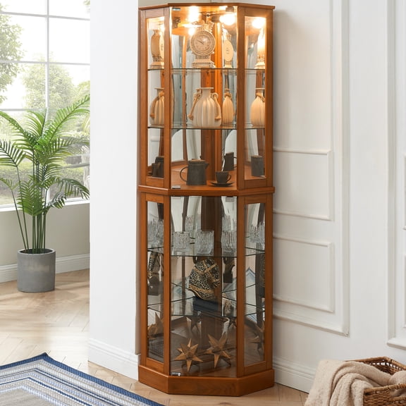 6 - Shelf Corner Showcase Cabinet | Display Antiques and Photos | Mirrored Interior and Flexible Storage | Anti - tipping Safety Measure