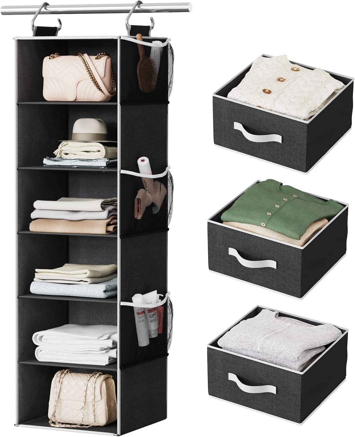 StorageWorks 3-Shelf Hanging Closet Organizer, Adjustable Hanging Closet Organizers and Storage, Canvas, Gray, 13”W x 13”D x 27.