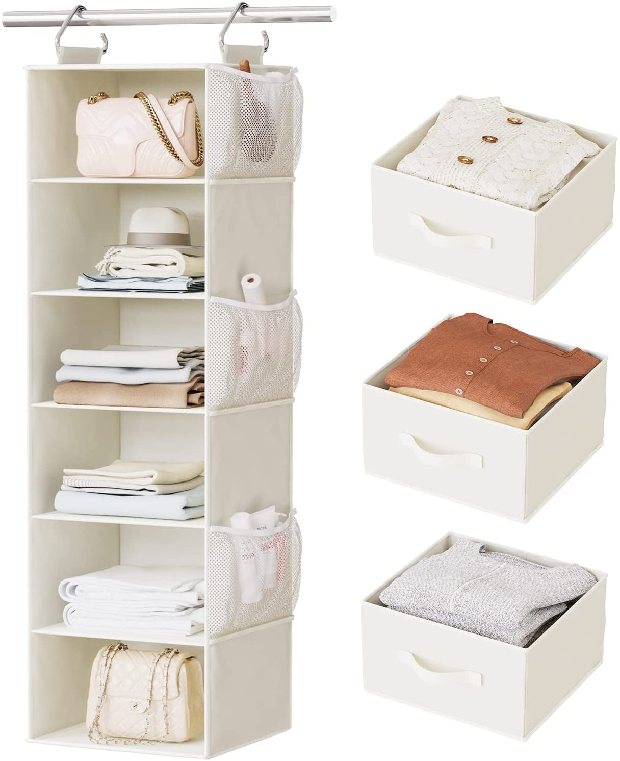 StorageWorks 3-Shelf Hanging Closet Organizer, Adjustable Hanging Closet  Organizers and Storage, 12 ¾”W x 12 ¾”D x 32”H, White & Ivory