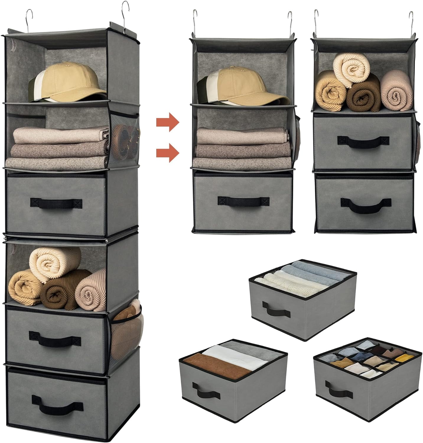 2-Pack Hanging Closet Organizer With Drawers - 7 Shelves, 5 Drawers, 4 Pockets, Non-Woven, Beige - View #13
