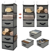 6-Shelf Hanging Closet Organizer, Separable into 2 Pack 3-Shelf, Storage Shelves with 3 Drawers, 4 Side Pockets, Portable, Gray