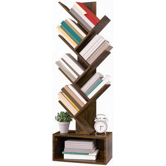 6 Shelf Retro Floor Standing Bookcase Tall Wood Storage Rack for Books ...