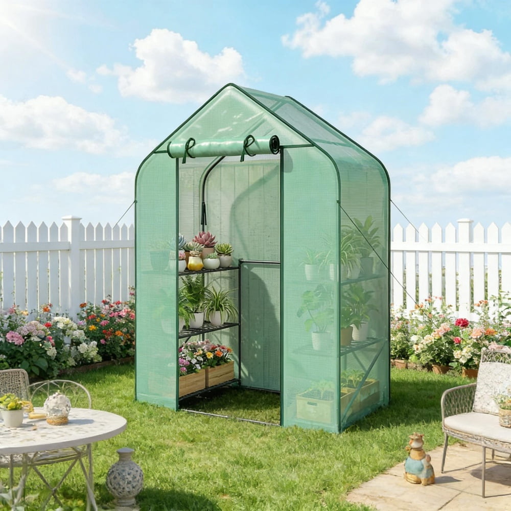 6‑Shelf Walk‑in Greenhouse 56.3×28×74", Foldable Steel Frame, PE Cover, Roll‑Up Zipper Door, 44 lbs Capacity Per Shelf, with Ground Stakes & Guy Ropes for Outdoor Patio Garden