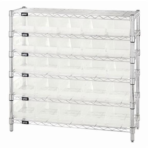 6 Shelf Wire Shelving Unit With 25 Clear Plastic Storage Bins, 12 x 36 x 36 in.