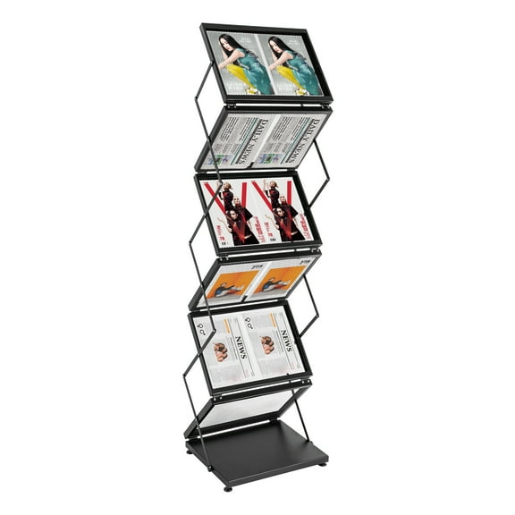 6 Shelves Black Magazine Rack, Free Standing Magazine Display Stand, Foldable Magazine Rack A4 Double-Sided Folding Newspaper Stand for Office Home and Book Store