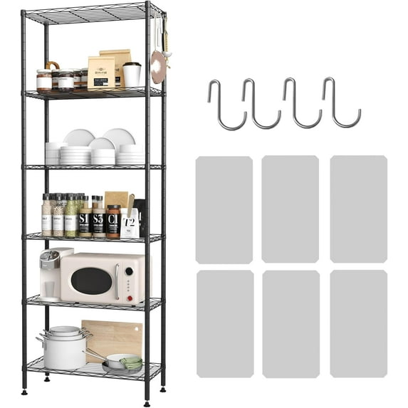 6-Shelving Unit, Adjustable Wire Shelving, Metal Wire Shelf with Shelf Liners and Hooks for Kitchen, Closet, Bathroom, Laundry, Black,21" W x 11" D x 69" H