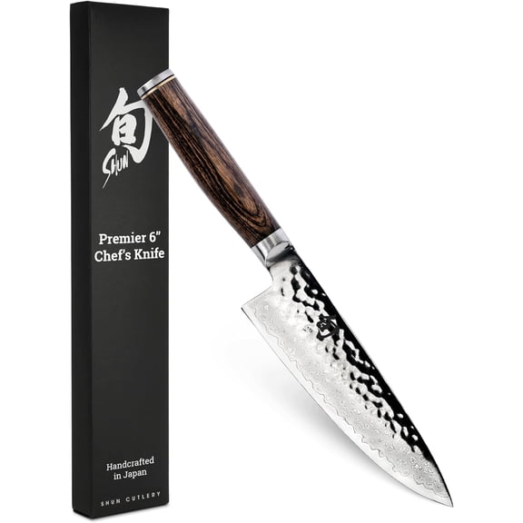 Shun Premier 6" Chef's Knife, Handcrafted Japanese Kitchen Knife for Professional and Home Chefs, VG-MAX Core with Damascus Stainless Steel Cladding, Pakkawood Handle