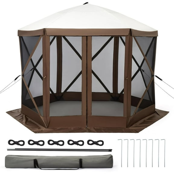 6-Sided Pop-Up Gazebo Tent, Waterproof UV50+ Shelter with Mosquito Netting, 60-Second Setup, 250D Oxford Fabric & 11 Stakes for Camping, Backyard, Outdoor Events
