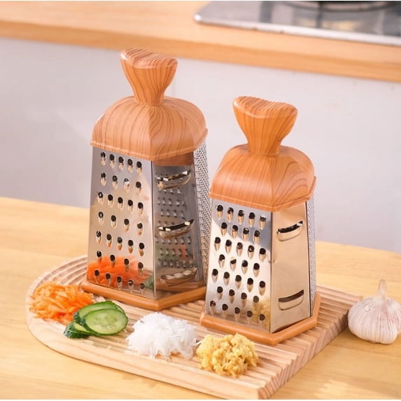 6-Sided Stainless Steel Vegetable Grater - Multi-Functional Kitchen Tool with Ergonomic Wood Handle, Rust-Proof & Dishwasher Safe for Slicing/Shredding (Large)