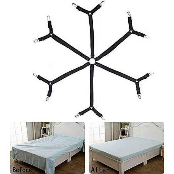 6 Sides Bed Sheet Clips,Sheet Fasteners Adjustable Elastic Sheet Straps Sheet Holder for Round/Square,King/Queen Any Size Bed Sheet (Black)