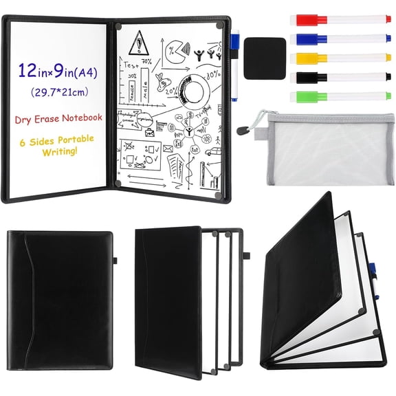 6 Sides Dry Erase Notebook Portable White Board 12"x9"(a4) Travel Dry Erase White Board Notebook Foldable Anti-ghosting Surface for Office, School, Study, Travel & Business Meeting Planning