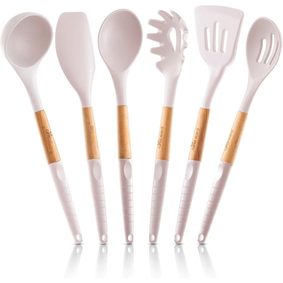6  Silicone Cooking Utensils Set - Wood Kitchen Eco Friendly & Bpa Free Non-scratch Non-stick Easy Grip -white