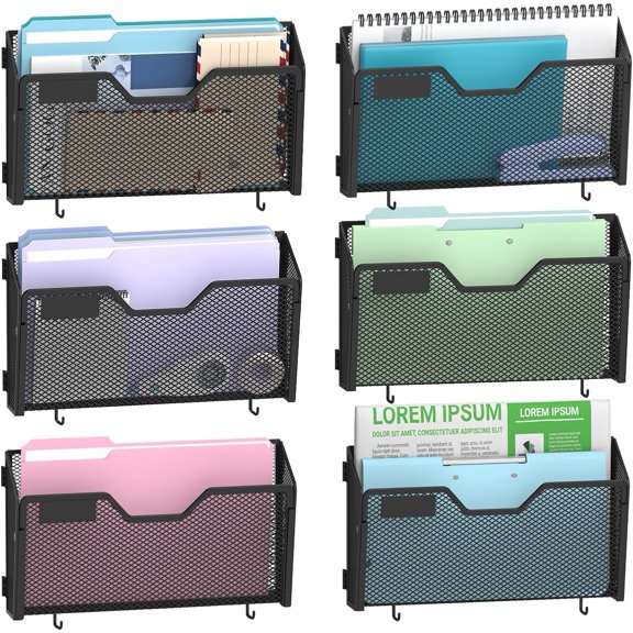 6 Single Mail Organizer Wall Mounted, Wall File Organizer, Hanging File Organizer with Hooks, Mail Oganizer Binder Holder for Home Office (with 14 Adhesive Hooks)