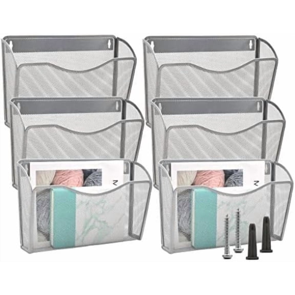 6 Single Pocket Mesh Hanging File Organizer, Vertical Wall Mounted Magazine File Holder, Mount Basket Mail Paper Document Folder Organizing for Office, Home and School, Silver