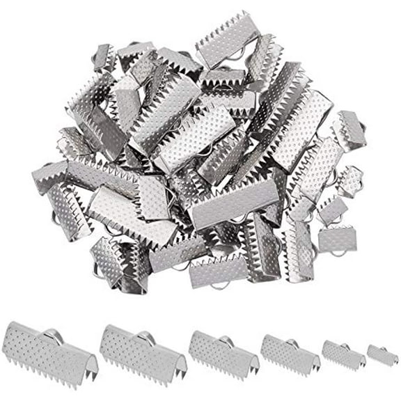 6 Sizes 60pcs Rectangle Stainless Steel Ribbon Clamp Crimps with Loop Ribbon Ends Fastener Clasp