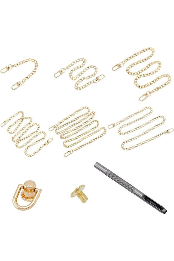 6 Sizes Metal Purse Chain Strap Extender Handbag Replacement Strap with Alloy Buckles Light golden Iron Curb Shoulder Straps with 12 sets Alloy Ball Post D Ring Screwback Rivets 20.2-122cm