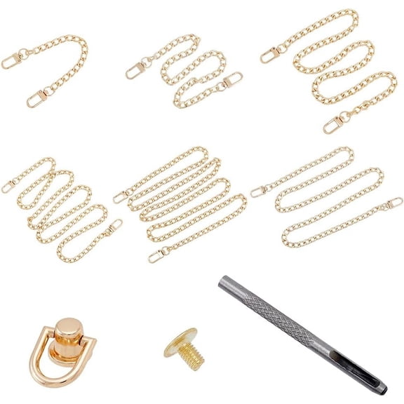 6 Sizes Metal Purse Chain Strap Extender Handbag Replacement Strap with Alloy Buckles Light Gold Iron Curb Post D Ring Screwback Rivets 20.2-122cm