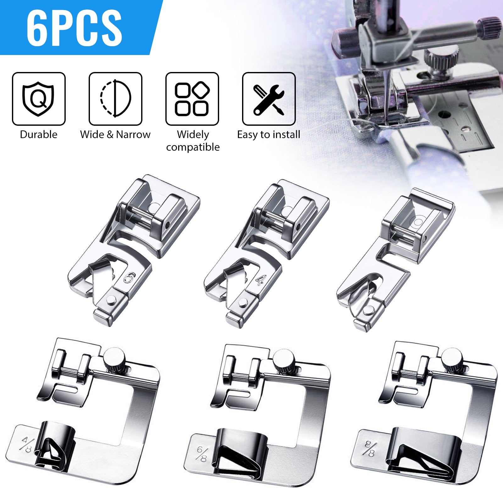 3 Pcs Rolled Hem Presser Foot, Sewing Machine Foot Set 1/2 Inch, 3/4 Inch,  1 Inch Low Shank Hemmer Presser Foot for Singer, Brother, Janome, Home