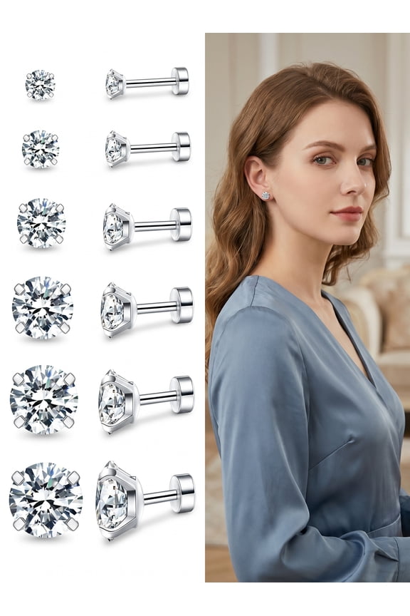 6 Sizes Round Cubic Zirconia Labret Stud Earrings Set, Stainless Steel Internally Threaded Flat Back Piercing Jewelry for Cartilage Tragus Helix Earlobe