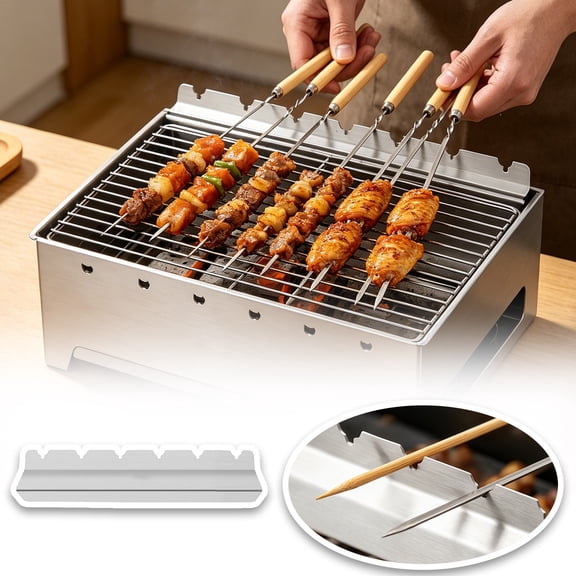 6 Slot 9.6In Skewer Rack Stainless Steel Grill Holder Durable Kabob Rest For Indoor Outdoor Bbq Cooking(Silver-24.5X5Cm)