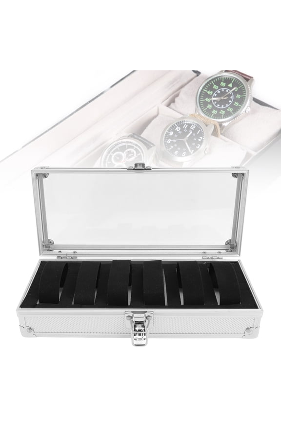 6-Slot Aluminum Watch Display Case with Glass Lid & Flannel Interior - Secure Storage Organizer for Watches & Jewelry aluminum Transparent Lid Watches