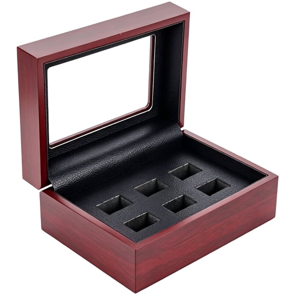 6-Slot Championship Ring Display Wooden Box, Jujube Red Fiberboard & PU Collection Case with Clear Top Window, Individual Recesses for Collision Prevention, Sturdy Construction for Valuables