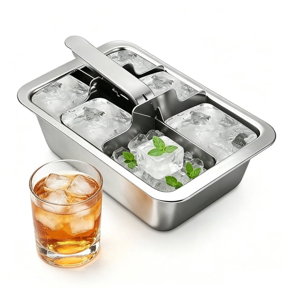 6-Cube Ice Cube Tray, Stainless Steel Ice Cube Trays with Easy Release Lever, Ice Cube Trays for Freezer, Large Cubes for Whiskey, Cocktails, Iced Coffee, Home Bar & Kitchen