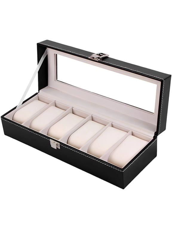 6 Slot Watch Box, Black PU Leather Watch Display Case, Glass Top, Removable Pillows, Soft Lining, Mens Watch Box, 11.8 x 4.3 x 3.1 in / 30 x 11 x 8 cm