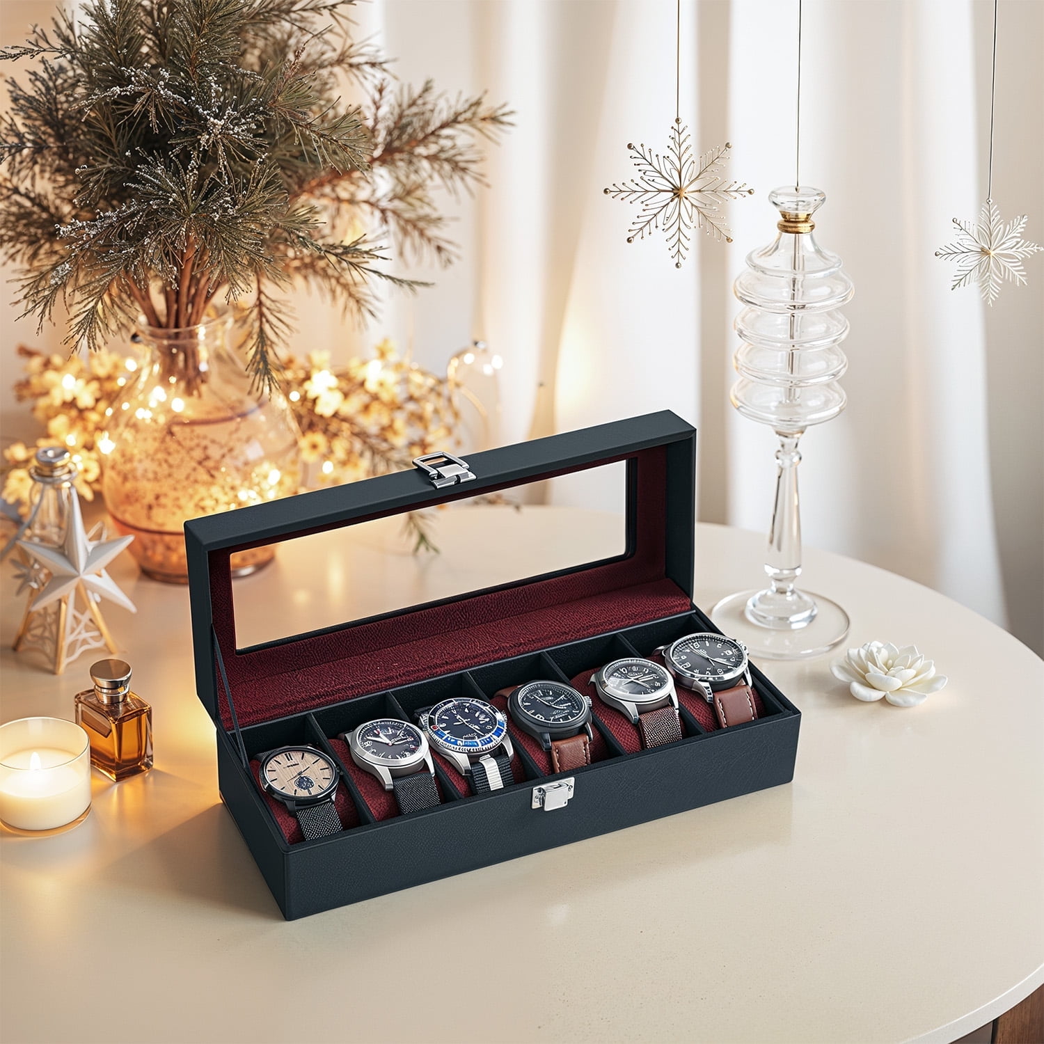 6-Slot Watch Box, Leather Watch Case with Large Glass Lid, Watch