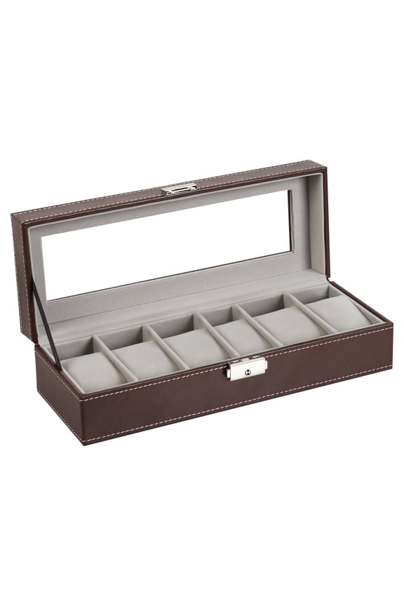 6-Slot Watch Box with Glass Display Top, Lockable Leather Watch Case, Premium Watch Organizer for Men, Brown