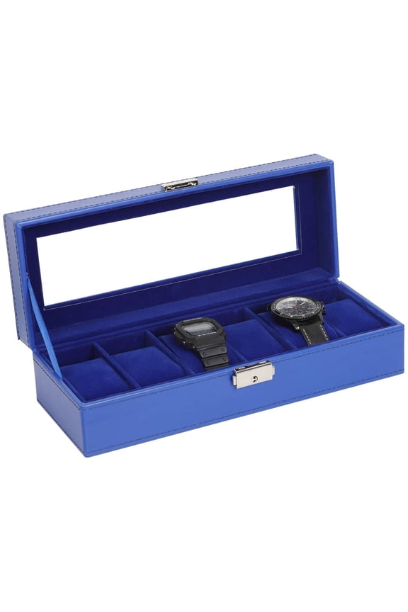 6 Slot Watch Display Case Leather Organizer Glass Jewelry Storage Box Lockable, Blue