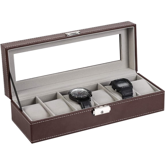 6 Slot Watch Display Case Leather Organizer Glass Jewelry Storage Box Lockable, Brown