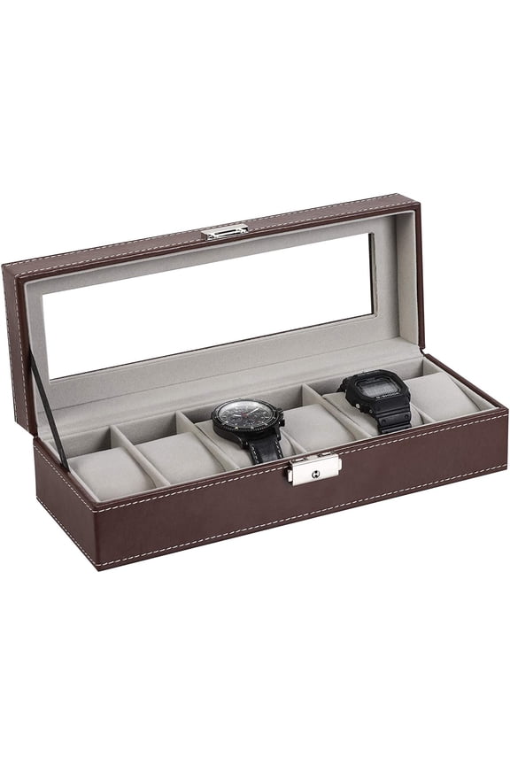 6 Slot Watch Display Case Leather Organizer Glass Jewelry Storage Box Lockable, Brown