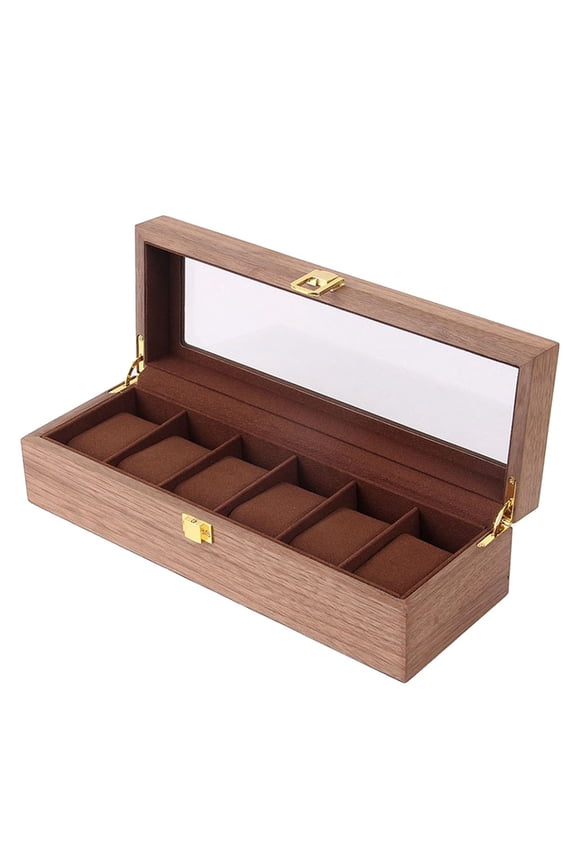 6 Slots Wood Watch Display Box Case Glass Top Locking Storage Organizer C