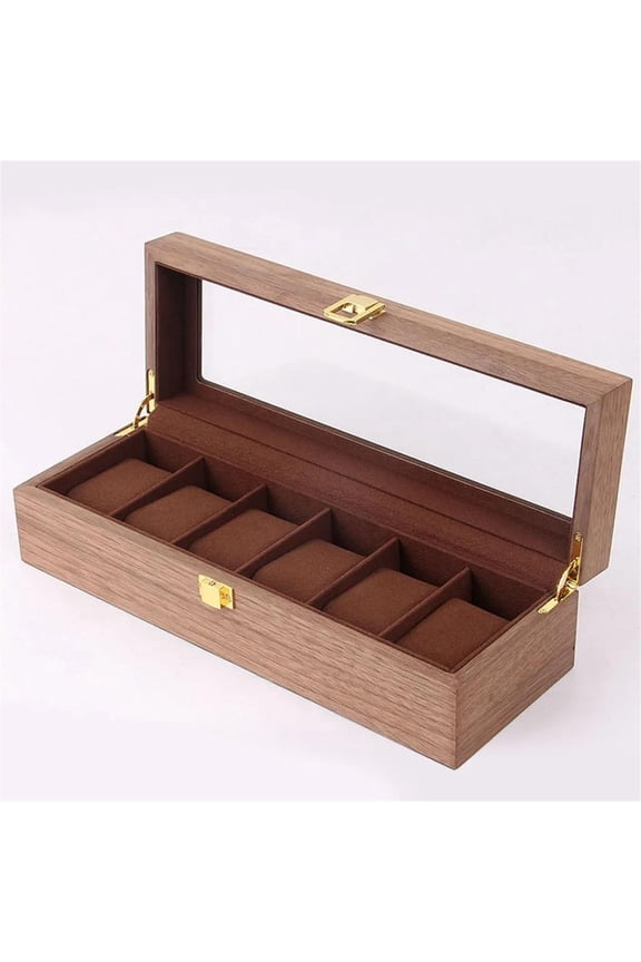 6 Slots Wood Watch Display Box Case Glass Top Locking Storage Organizer