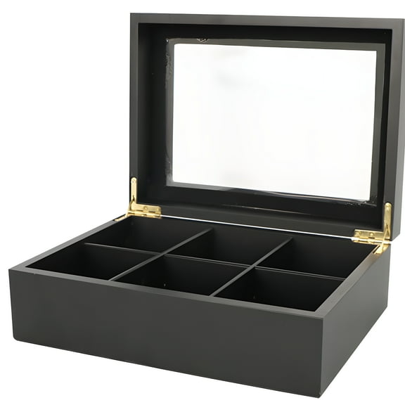 6 Slots Wooden Tea Box with Window, Black Wood Tea Organizer Storage Case, Removable Partition, Large Capacity Tea Bag Display Box