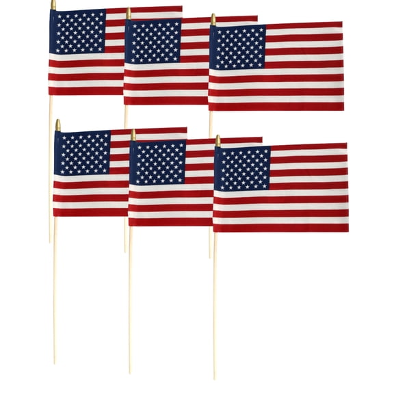(6) Small American Flags 11x6in Mini USA Hand Held Stick Flag with Safe Spear Top for Home School 4th of July Independence Day Decorations Patriotic Party Decor & Parades & CUSTOM Storage Carrier