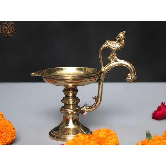 Exotic India Diya Oil Lamp, Parrot Handle, Handmade, Brass, 6 Inch
