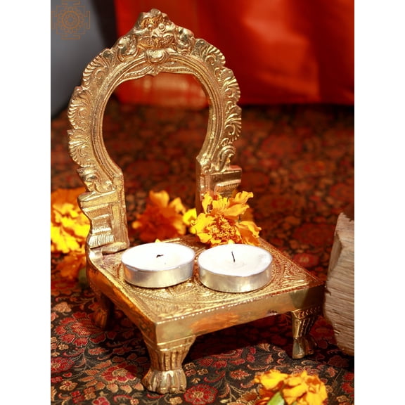 6" Small Brass Throne with Kirtimukha Prabhavali | Handmade | Made in India