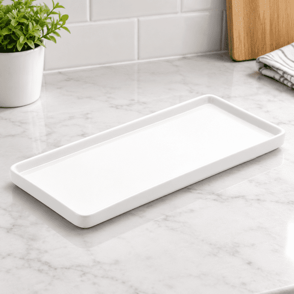 6" Small Ceramic Bathroom Tray for Kitchen Counter - Rectangle Ceramic Sink Tray for Bathroom Counter - Porcelain Dispenser Organizer for Kitchen Bathtub Counter, White