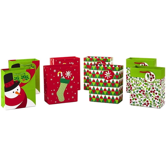 6" Small Christmas Gift Bag Bundle, Festive Holiday (Pack of 8, 4 Designs)