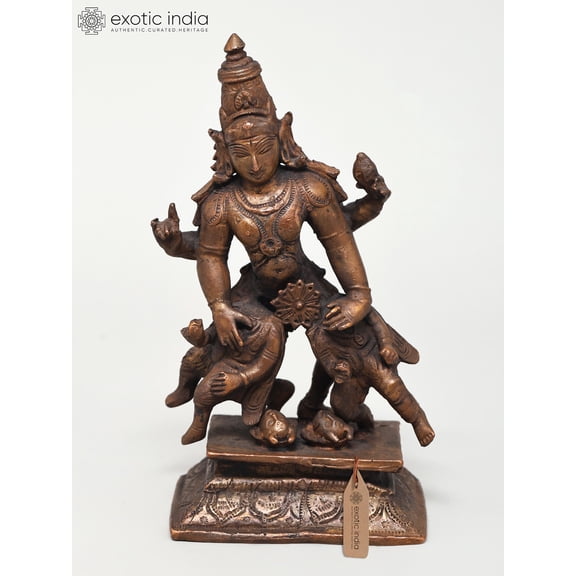 6" Small Lord Vishnu Copper Idol - Asura Vadh with Sudarshan Chakra