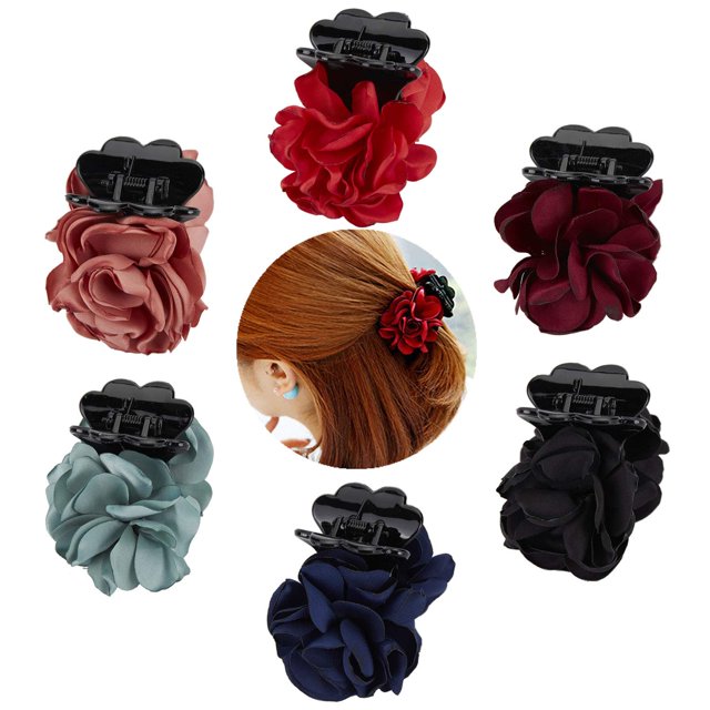 6 Small Pack Black Red Pink Green Rose Flower Bows Banana Plastic Hair