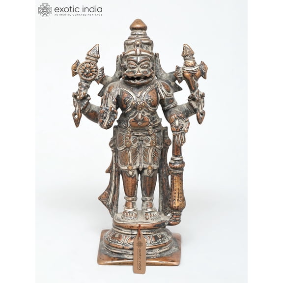 6" Small Standing Lord Narasimha - The Fourth Avatar of Lord Vishnu | Copper Statue with Silver