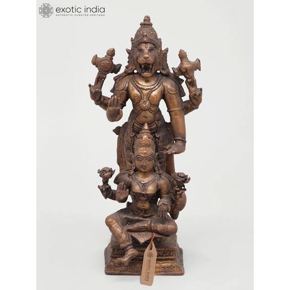 6" Small Standing Lord Narasimha with Goddess Lakshmi | Copper Statue