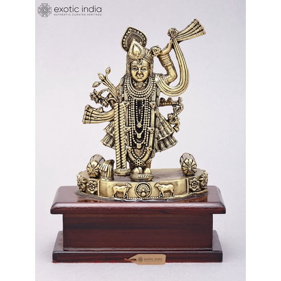 6" Small Superfine Shrinathji Idol | Brass Statue on Wood Base