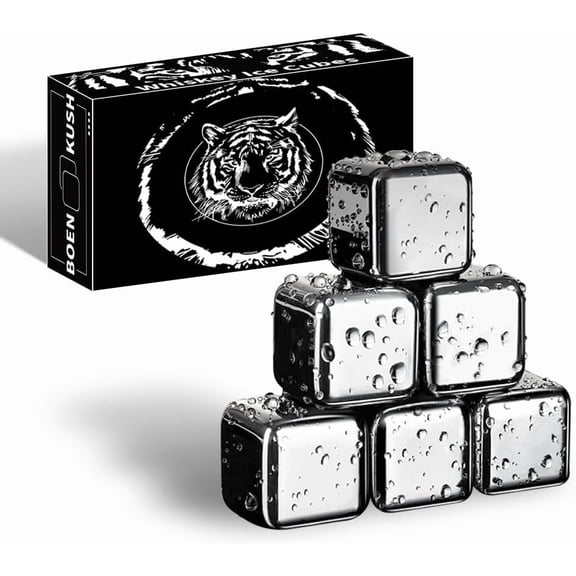 6 Small Whiskey Stones - Man Gift Set - Reusable Stainless Steel Metal Ice Sphere Cubes Beverage Chilling Rocks Whiskey Stones for Red Wine, Bar Beer, Scotch, Vodka Drinks - Silver