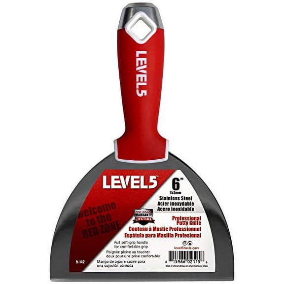 6" Soft-Grip Stainless Steel Drywall Joint Knife - LEVEL5 | Pro-Grade | Comfortable Finishing Hand Tool | Metal Hammer End | Sheetrock Gyprock Plasterboard Mud| 5-142
