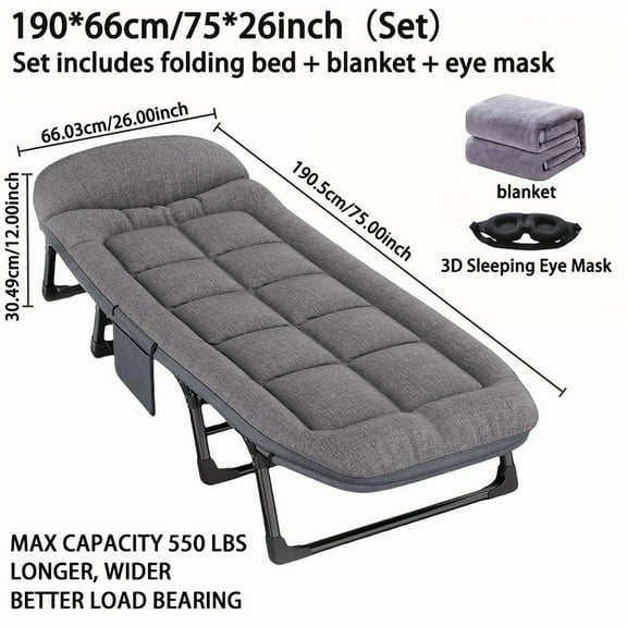 6-Speed Adjustable Sleeping Bed | Folding Camping Bed with Mattress & Pillow | Breathable Fabric with Free Blanket & Eye Mask | Portable for Outdoor, Office & Home Use