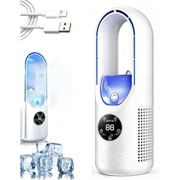 6-Speed Bladeless Electric Fan with Light and 7-Color Light, Ice Mist Refrigeration Fan with 100ml Water Tank, Timing Function, USB Powered for Personal Bedroom Home Office (White)